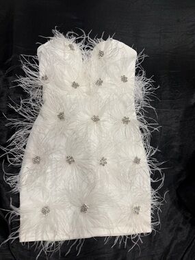 Akira White Feathered Strapless Mini Dress with Crystal Accents